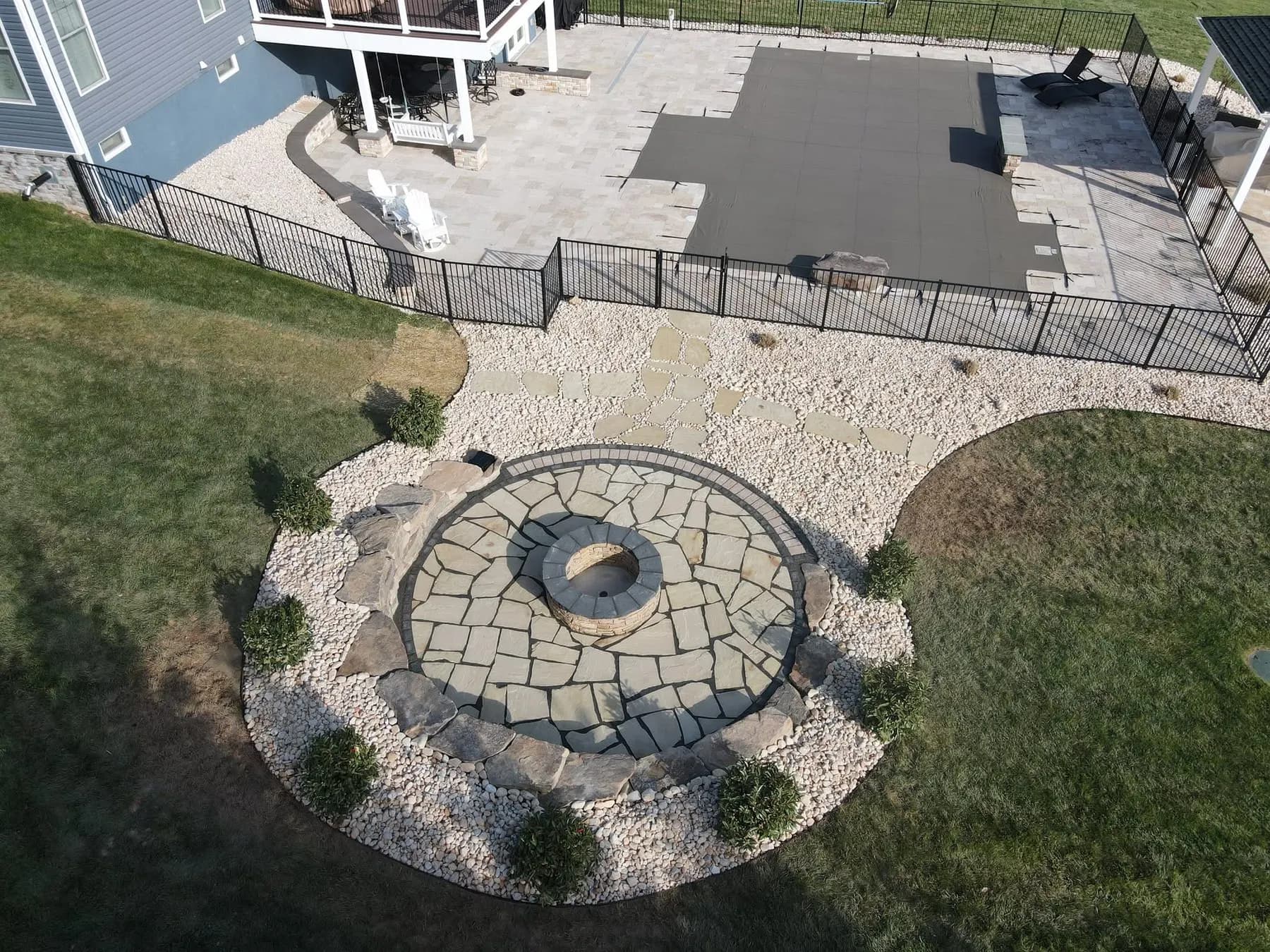 Concrete patio and outdoor living space from above