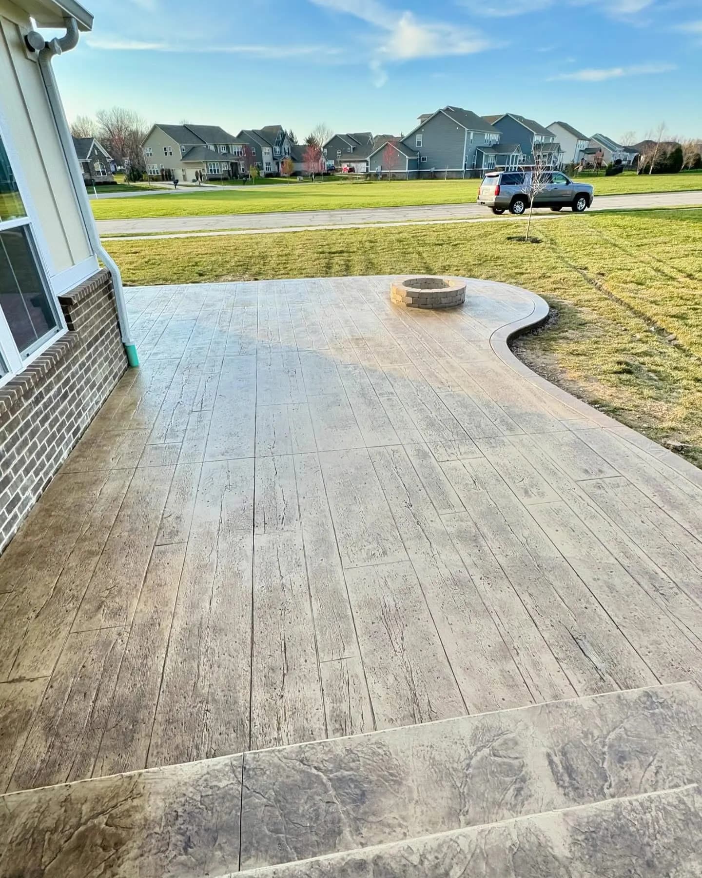 Stamped concrete patio with fire feature